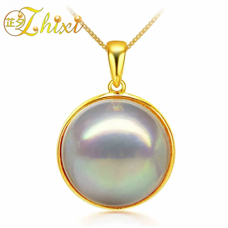 

ZHIXI 18K Yellow Gold Natural Japan Mabey Pearl Necklace Pendant 13-14mm Perfectly Round Fine Pearl Jewelry For Women PH006