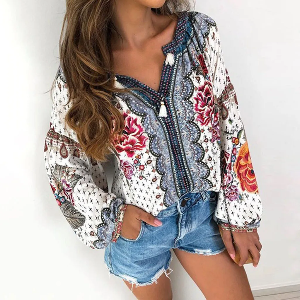 

Women print Bohemian style V-Neck shirt Long Flare Sleeve Printed Loose Pullover Top Blouse plus size black top#G2