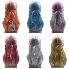 Helisopus Men's Silky Sparkly Long Tail Pirates Hat New Elastic Turban Hat Fashion Solid Color Shiny Headwear Hair Accessories