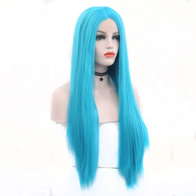 Bombshell Небесно-Голубой прямой, завязанный вручную синтетический парик на кружеве, жаростойкое волокно, натуральные волосы, средний пробор для женщин