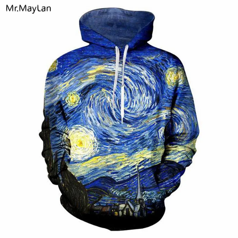 

Harajuku Van Gogh Oil Painting Starry Night 3D Print Jacket Hoodie Women/Men Hipster Gothic Hat Sweatshirt 2018 Boy Blue Clothes