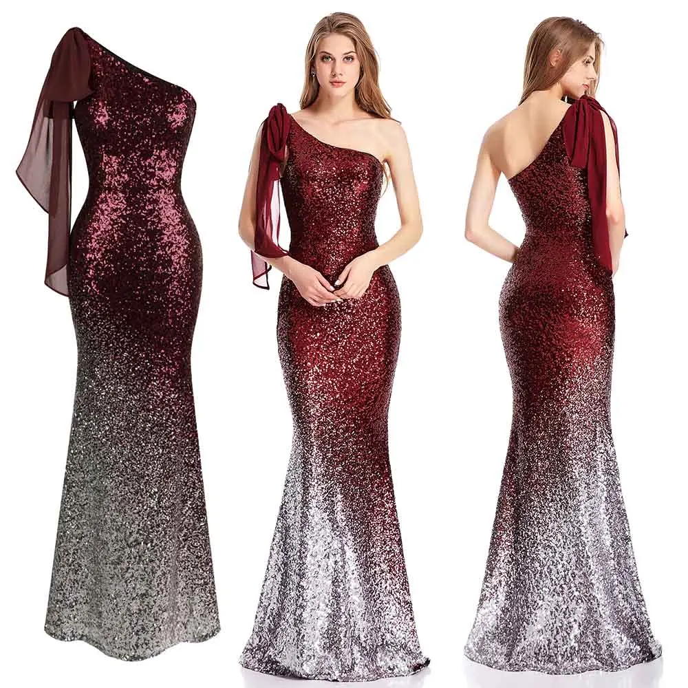 Angel-Fashion, женские платья на одно плечо для матери невесты, градиентные блестки, контрастные цвета, ленты, черный, красный, 286 - Цвет: Wine Red Silver