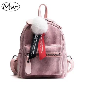 

Moon Wood Solid Letters Ribbons Hairball Corduroy Backpack Women Mini Backpack Small School Bag For Girls Children Shoulder Bag