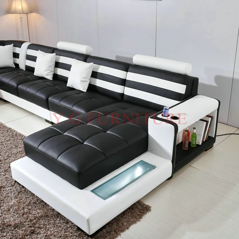 2018 Real Genuine Leather Modern Sectional Sofa with coffee table U Shaped Living Room Furniture Sofa