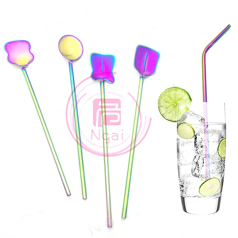 Rainbow Straws Suckers Stainless Steel Set Mirror Polished Beverages Curved Straw Drinks Straight 4pcs/Set | Дом и сад