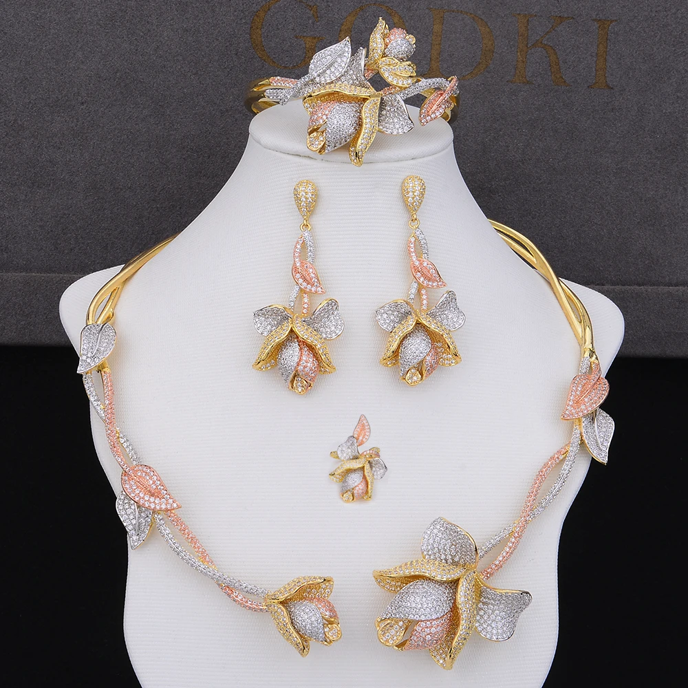 

GODKI Luxury Leaf Flower 4PCS Cubic Zircon CZ Nigerian Jewelry sets For Women Dubai Bridal jewelry sets indian Gold Jewelry Sets