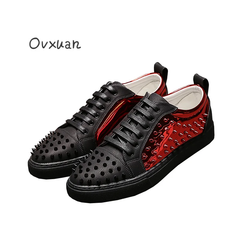 

Ovxuan Black Spiked Toe Red Rivet Side Men Loafers Genuine Leather Mens Shoes Casual Fashion Party Men's Flats zapatos de hombre