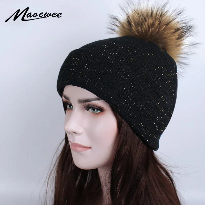 

New Real fox fur pom poms ball Keep warm winter hat Skullies for women girl 's hat knitted beanies cap thick female cap gorro