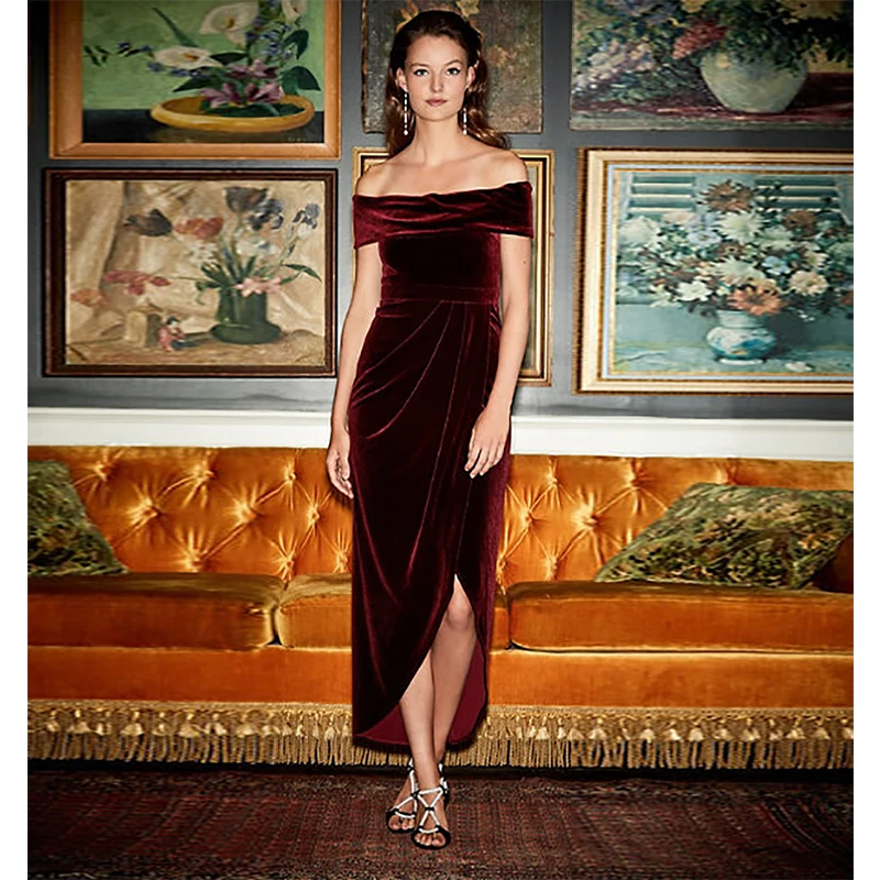 

Verngo 2019 Red Evening Dress In Velour Vintage Evening Gown Boat Neck Formal Dress Custom Made Dress Party Robe De Soiree