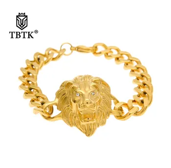 

TBTK Realistic Lion Head With Crystal Eyes Bracelet Cuban Chain Link Bracelet Stainless Steel Gold Color Punk Style for Cool Man
