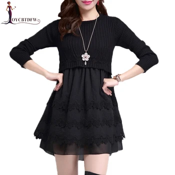 

2019 Spring Women Sweater Dress Autumn Pullover Fake Two-Piece Knitted Mid Long Sweater Winter Loose Bottoming Shirt Dress DD874