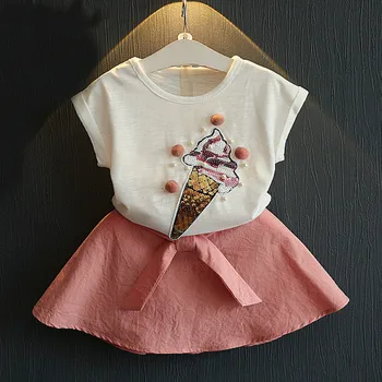 

baby girl clothes two pieces set sweet short sleeved T +shirt ice cream suit Sequins
