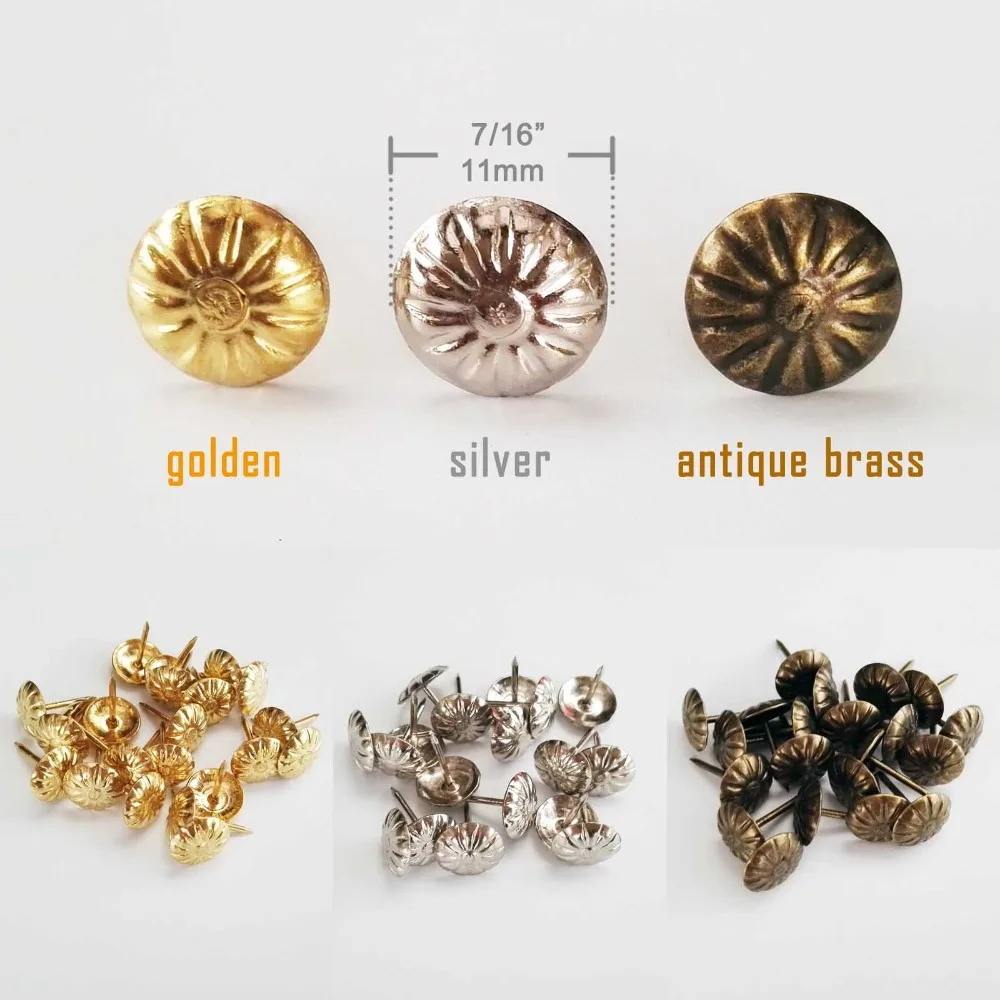 

100x Golden Silver Antique Brass Upholstery Nail Jewelry Gift Wine Case Box Sofa Decorative Tack Stud Pushpin Doornail 11x16mm