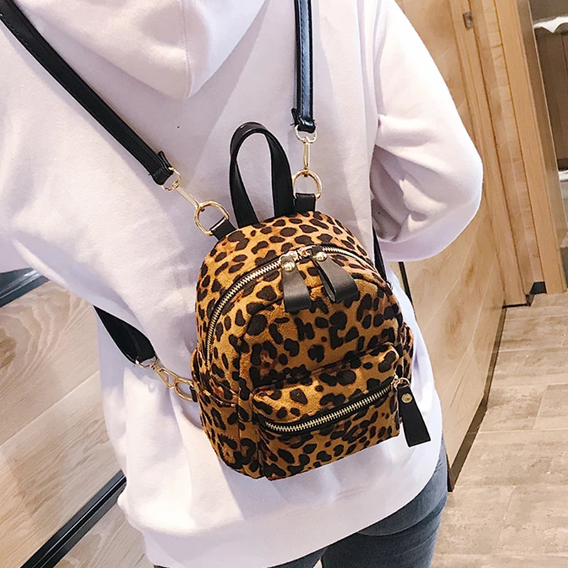 

Leopard Print Small Backpacks For Women 2018 Winter Bag Mini cute Backpack Kids Fashion Back Pack Travel Chain Plush Bags