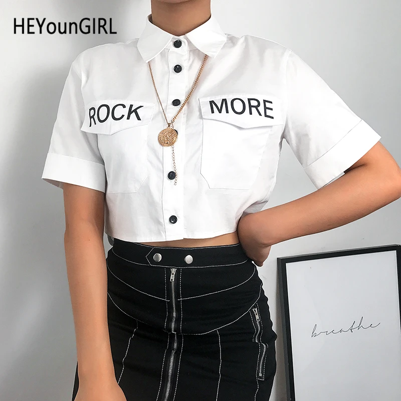 

HEYounGIRL Korean Style Casual Tee Shirt Woman Letter Printed Cotton Women Shirts Turn-down Collar Short Sleeve T-shirt Ladies
