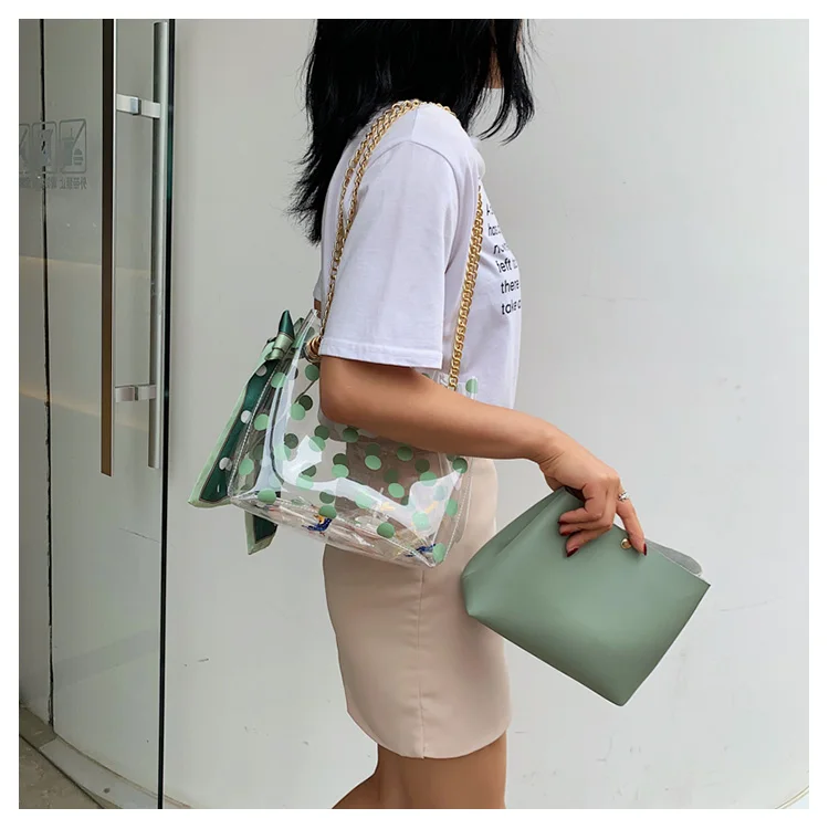 Прозрачная сумка с бантом из ленты летняя Новая высококачественная женская дизайнерская сумка из ПВХ Дорожная сумка на цепочке через плечо
