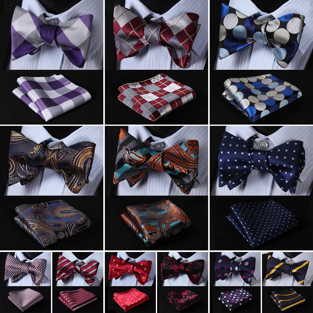 

Check Dot Floral Paisley Men Woven Silk Wedding Self Bowtie handkerchief Set #G9