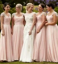 Pink 2017 Cheap Bridesmaid Dresses Under 50 A-line Sweetheart Cap Sleeves Chiffon Lace Long Wedding Party Dresses