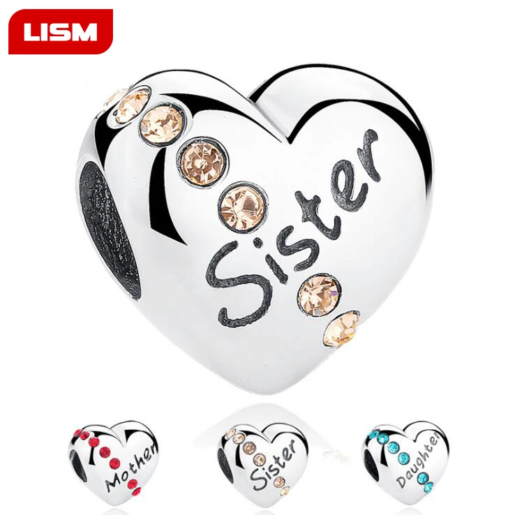 

100% 925 Sterling Silver Mother Sister Daughter Heart Bead Fit Charms Original Bracelet Family Beads Jewelry Making