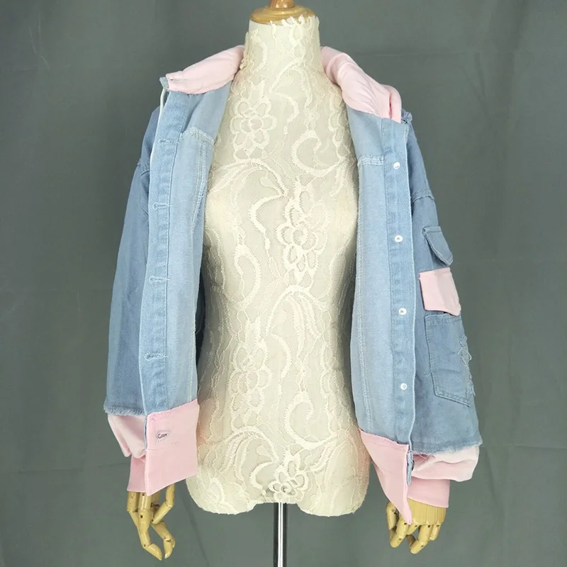 Лоскутная Женская куртка с капюшоном джинсовая женская куртка джинсовая куртка с дырками Женская куртка с длинным рукавом Повседневная женская льняная куртка