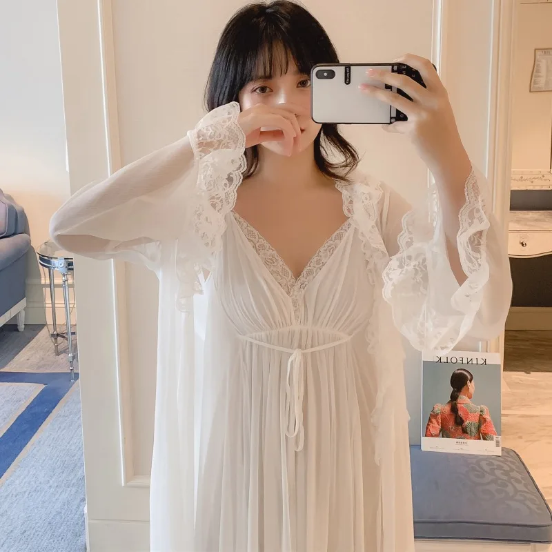 2019 сексуальный женский шифоновый сетчатый халат и платье, комплект кружевной ночной рубашки, комплект из 2 предметов, Женский пижамный