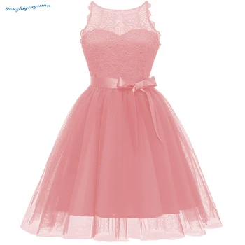 

2018 round neck lace vintage sleeveless pink premium dresses