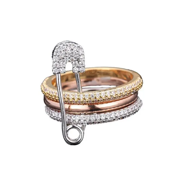 

Safety Pin Design Ring Band Cubic Zircon Ring Pave Setting Fashion Jewelry Women