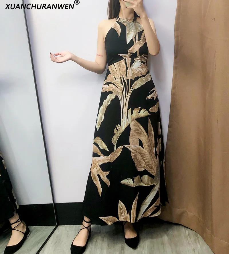 

Women Summer Flower Long Dresses Sleeveless Halter Vacation Beach Maxi Dress Female Backless Split Dress NX8916