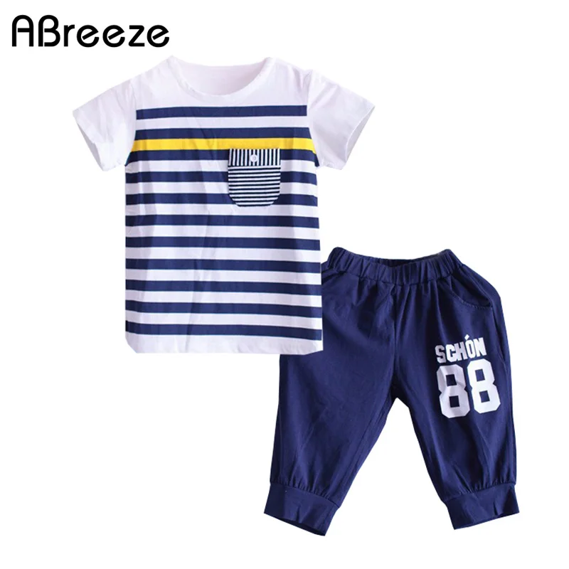 

3-10 years boys clothing sets 2018 summer Navy style thin Cotton tee shirt cropped pants 2piece casual sports sets boy