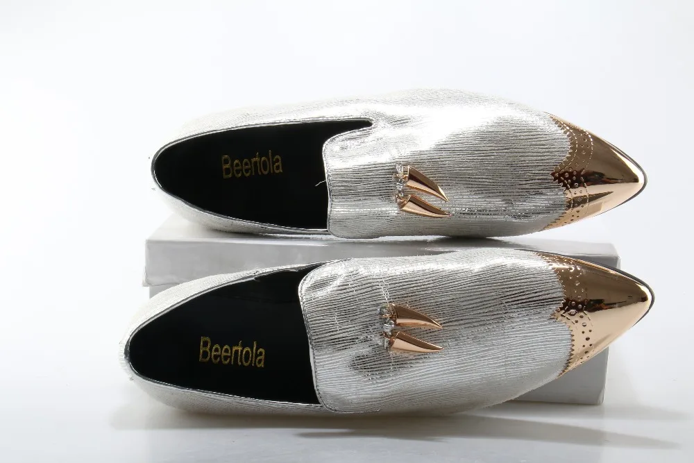 Fluting Серебристые туфли на плоской подошве Слипоны мужские серебристые модельные туфли золото острый носок металлик Мужская обувь повседневное Мокасины мужские кожаные