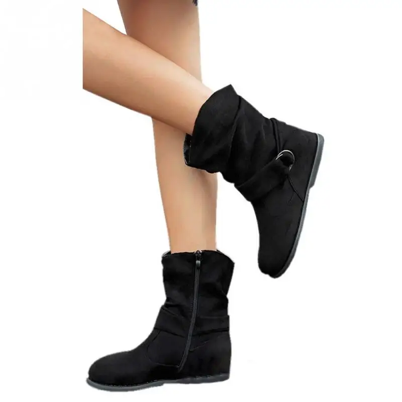 

2018 New Women Fashion Solid Buckle Boots Autumn Winter Ankle Zipper Extra Wide Flat Heel Boots #102