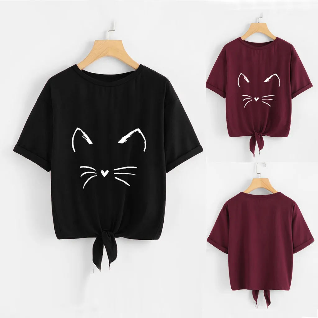 

Womens Soild Cat Print Short Sleeve Tie Up Daily Casual Tee summer korean clothes T-Shirt oversized Tops poleras mujer