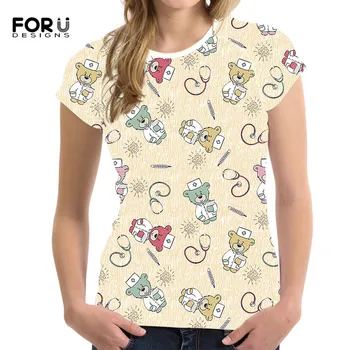 

FORUDESIGNS Women Summer Cartoon T Shirts Nurse Bear Cute Printing Short Sleeves Crewneck Tees Fashion Clothing Tops for Lady