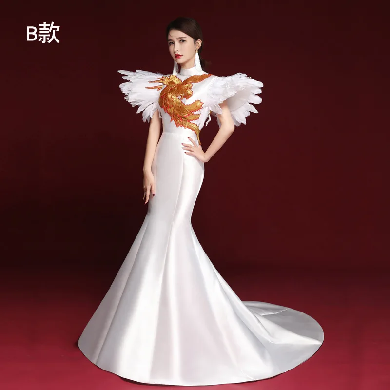 Модная белая вышивка Cheongsam Современная сценическая шоу Длинные платья Qi Pao женское китайское элегантное вечернее платье русалки Qipao