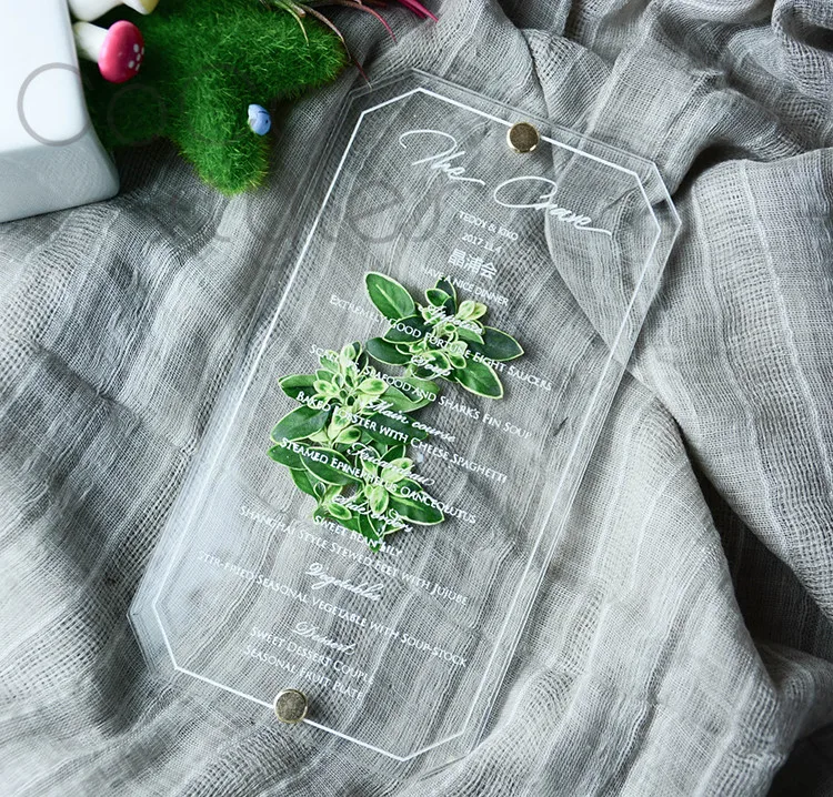  Cocostyles bespoke unique acrylic double layer greenery invitation card with engraving for lawn wed - 32855940717