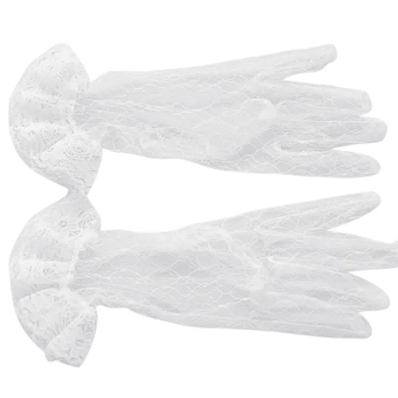 1 пара Белые Свадебные короткие перчатки Полный облапанная прозрачным ромбические марли рябить кружевная бейка наручные Длина варежки
