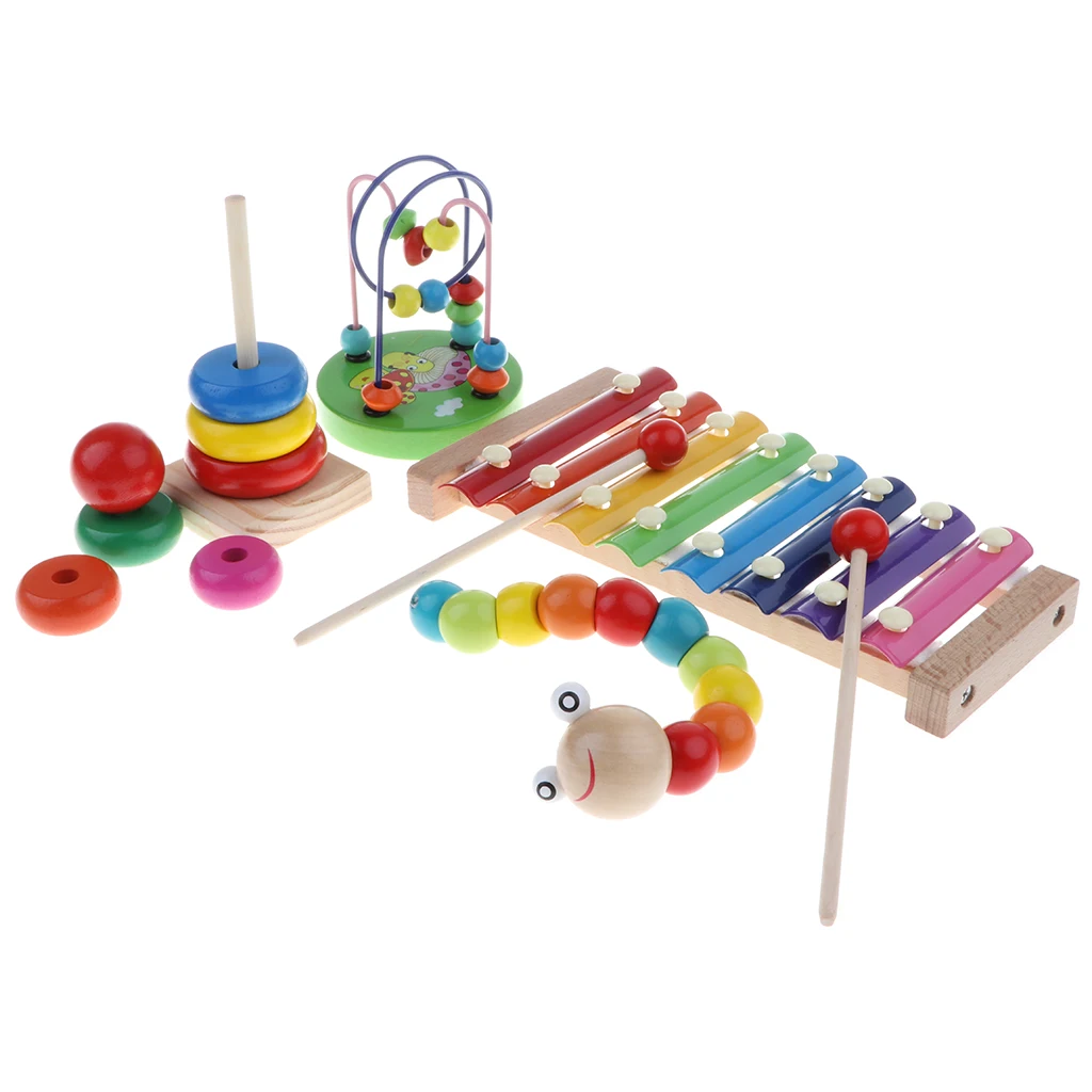 4PCS Montessori Educational Wooden Toy - Music Color & Shape Puzzle Cogniton Learning Xylophone Ring Tower Set #B
