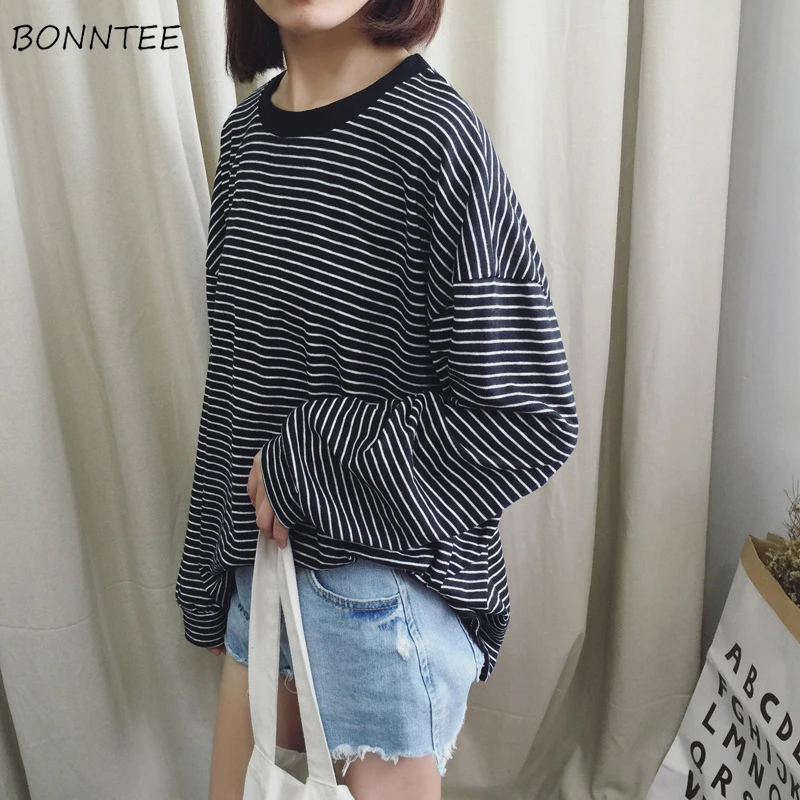 

T-shirts Women Spring Autumn Korean Simple Elegant School Tees Womens O-Neck Striped T-shirt Ladies All-match Loose Long Sleeve
