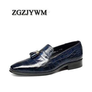 

ZGZJYWM New Fashion Comfortable Black/Blue Genuine Leather Elastic Band Pointed Toe Flat Man Casual Classic Gentleman Shoes