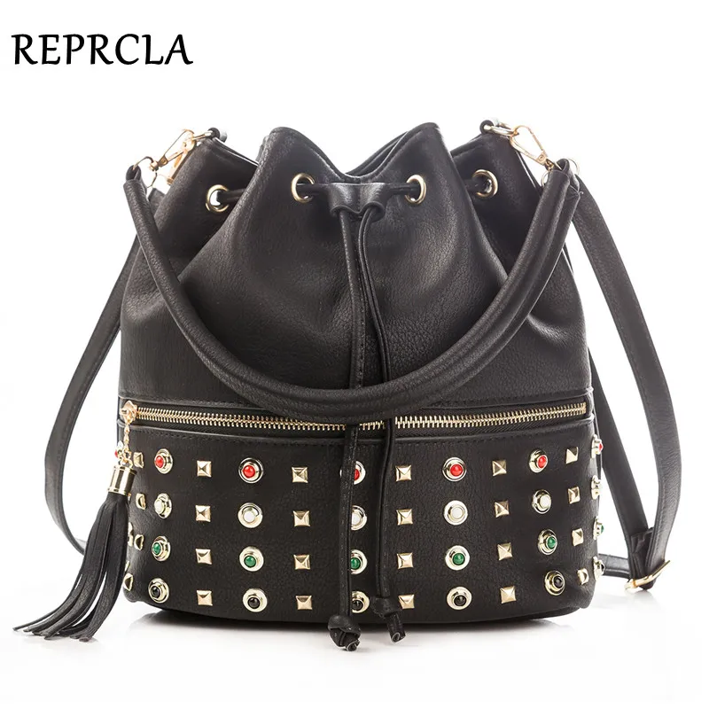 REPRCLA الفاخرة العلامة التجارية النساء دلو حقيبة أزياء شرابة حقيبة كتف عالية الجودة برشام حقيبة ساع حقائب بيد تقاطعية للسيدات حمل