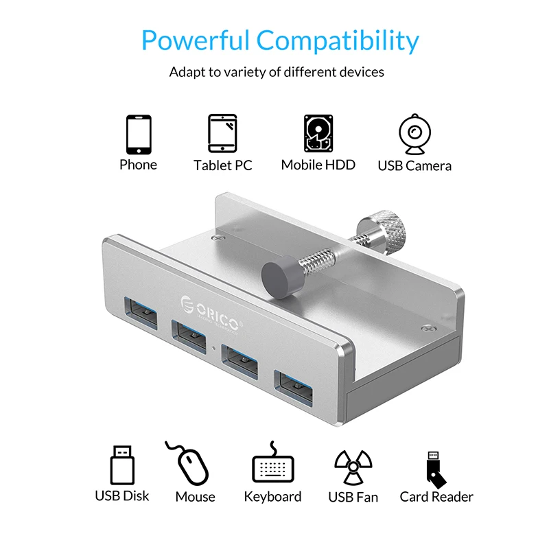 Tanie ORICO aluminium 4 porty HUB USB 3.0 High Speed USB Splitter Adapter klip typu HUB na pulpicie laptopa klip zakres 10 32mm MH4PU