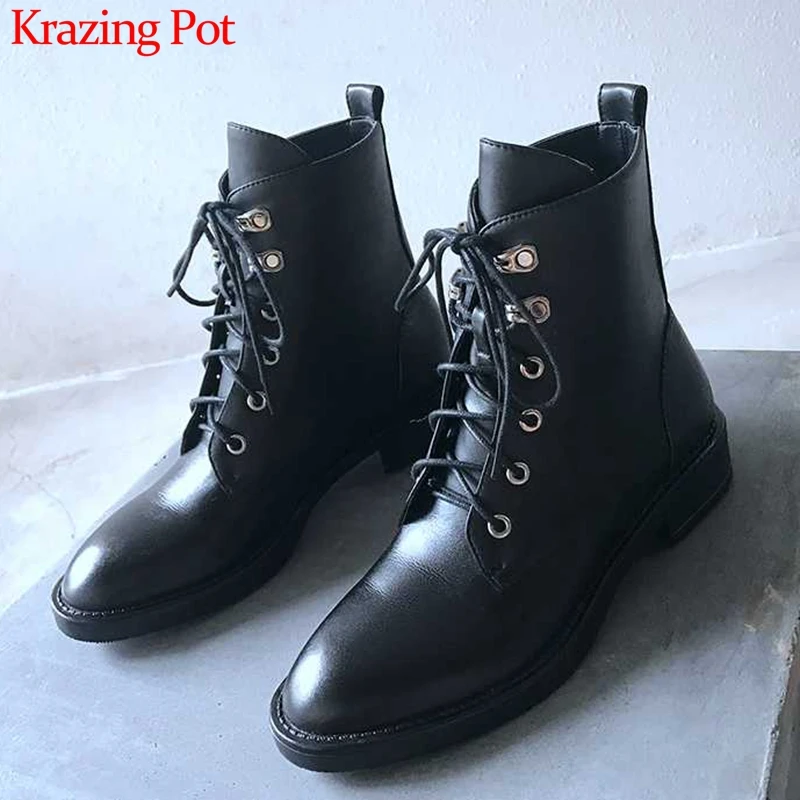 

Krazing pot 2019 genuine leather vintage low heels Winter round toe cross-tied lace up original design keep warm ankle boots l39
