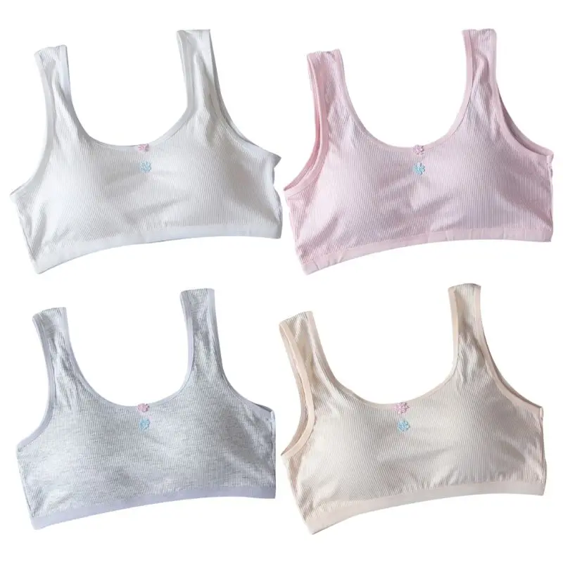 

Teenage Girl Wide Straps Sport Training Bra Underwear Thread Ribbed Wireless Bralette Flower Applique Backless Adjusted Vest