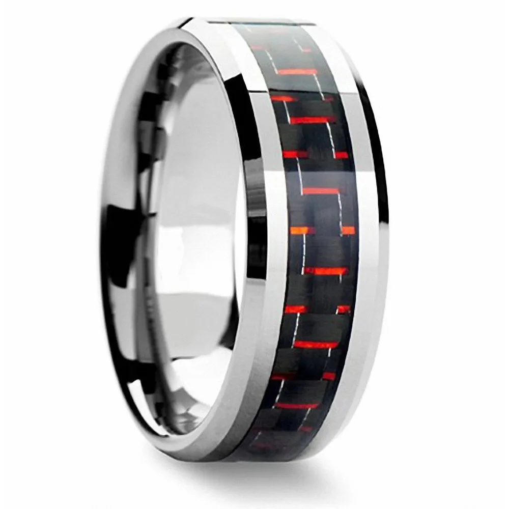 queenwish Mens 8mm Tungsten Ring Black and Red Carbon Fiber Inlay Engagement Wedding Band jewelry