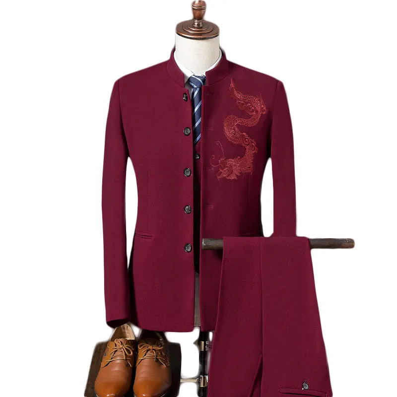 

Men Suit 2017 New Autumn Chinese Style Dragon Print wine red Mens Wedding Suit Stand Collar Slim Fit 3 Piece Casual Suits
