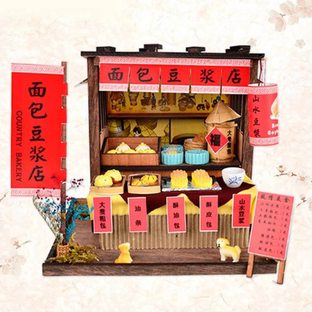 DIY Handcraft Miniature Project Wooden Dolls House Antique Bread Soybean Milk Shop with Furniture Foods Accessories Kit