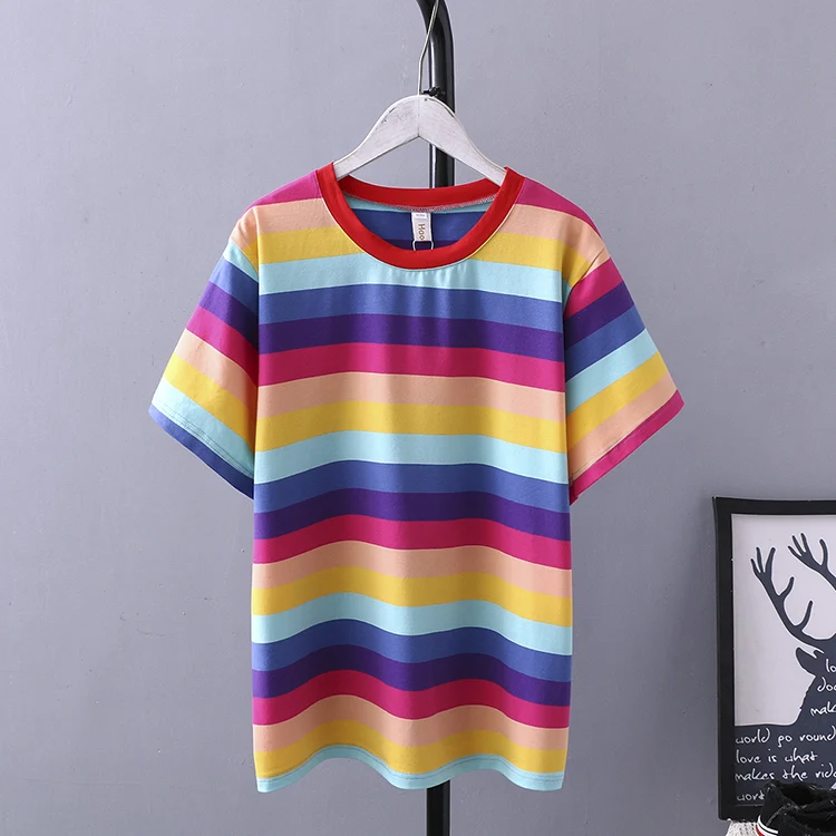 Oversize Plus Size Cotton print striped O-Neck T Shirt Women Short Sleeve Tshirt 2019 t-shirt Summer Top | Женская одежда