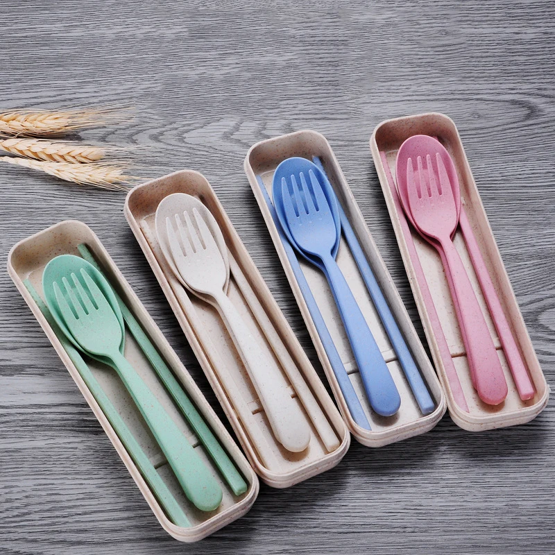 

Wheat Straw Kids Dinnerware Set Portable Travel School Children Tableware Picnic Cutlery Set DA