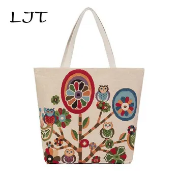 

LJT 2019 New Creative Tranquil Jacquard Canvas Women's Embroidered Owl Shoulder Bag Large Capacity Cartoon Casual Lady Handbag