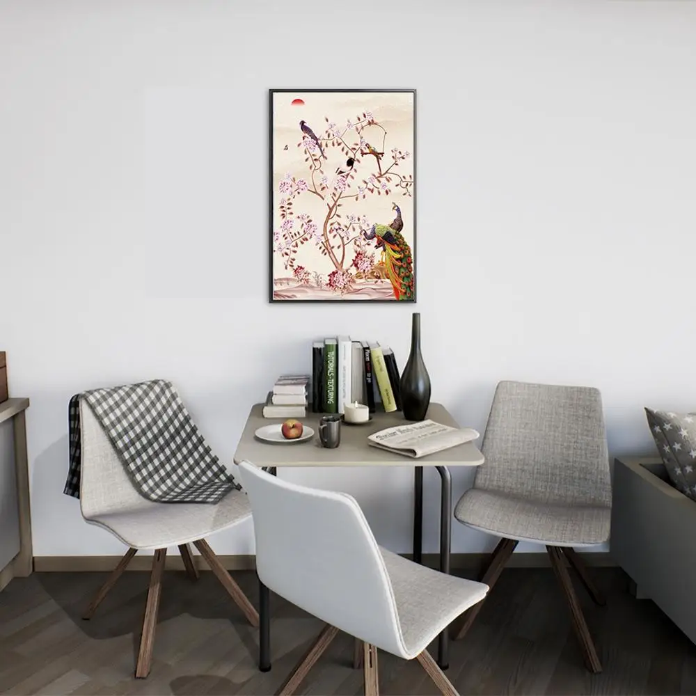 

Peacock Canvas Print Art Painting Peacock Feather With Plants Picture Forest Animal Home Artwork For Living Room Wall Decor